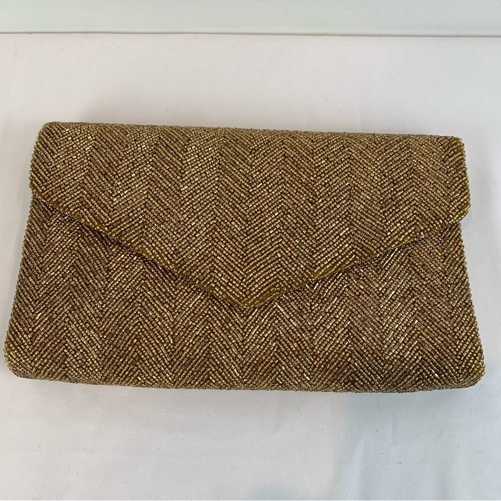 Tiana NY Gold Beaded Envelope Clutch Purse Handbag Formal Holiday Shiny Evening